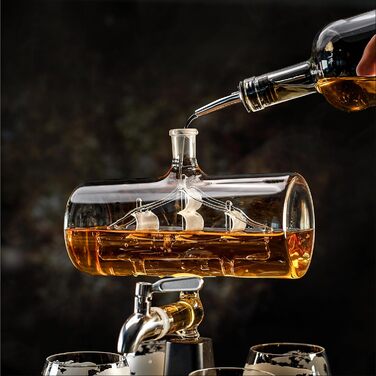 Whiskey Carafe Set - Whiskey Gift Set - Gifts for Men - Men's Gifts Gift - Birthday Gift for Men - Ship Decanter 1100ML, Gift Box, 4 Whiskey Glasses, 4 Whiskey Stones