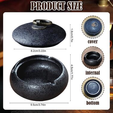 Керамічна попільничка з кришкою, попільничка для сигарет в приміщенні та на вулиці, декор для столу в дім та офіс (Чорний)