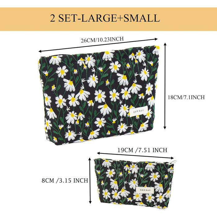 Органайзер для косметики 2 шт. для подорожей, чорний з ромашками (Daisy)