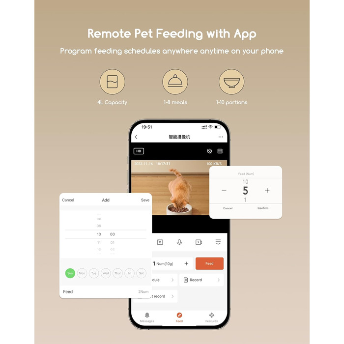 Автоматичне годування для котів Faroro WiFi з відеоспостереженням 3MP HD, нічним баченням, 4L, двостороннім аудіо, керуванням через APP та датчиком руху