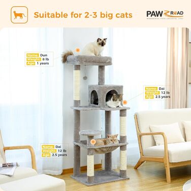 Комплекс для котів PAWZ Road з гамаком, будиночком та 6-ярусними полицями, сірий, 143 см
