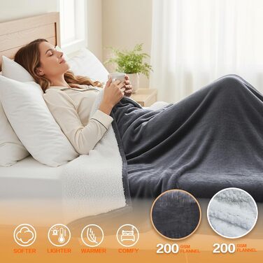 Електрична гріюча ковдра з таймером та захистом від перегріву, 150x180 см, 10 режимів нагріву, Flanell, для ліжка, дивану, офісу (темно-сірий)