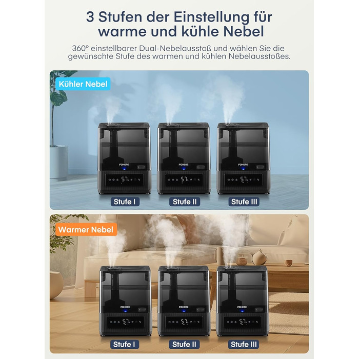 Зволожувач повітря FOHERE для спальні, 6 л, тихий, з теплим/холодним туманом, 60 годин роботи, дифузор для ефірних олій, режим сну, таймер 12 годин, нічник для дому, дитячої кімнати, рослин, немовлят та дітей