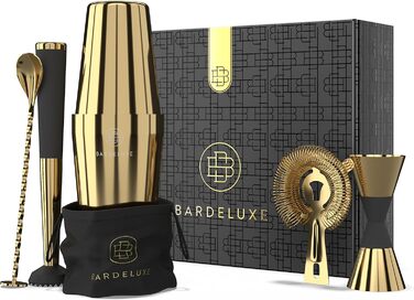 Набір бармена Boston Shaker Set BarDeluxe® 5 предметів: шейкер, аксесуари, рецепти, сумка (золото)