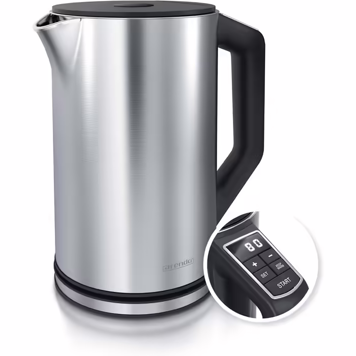 Arendo - Stainless Steel Kettle with Temperature Setting 40-100 Degrees in 5-Degree Increments - Double-Walled Design - Model ELEGANT - 1.5 Liter - 2200 W - Tea Kettle with Temperature Display - GS - Black (C: Silver)
