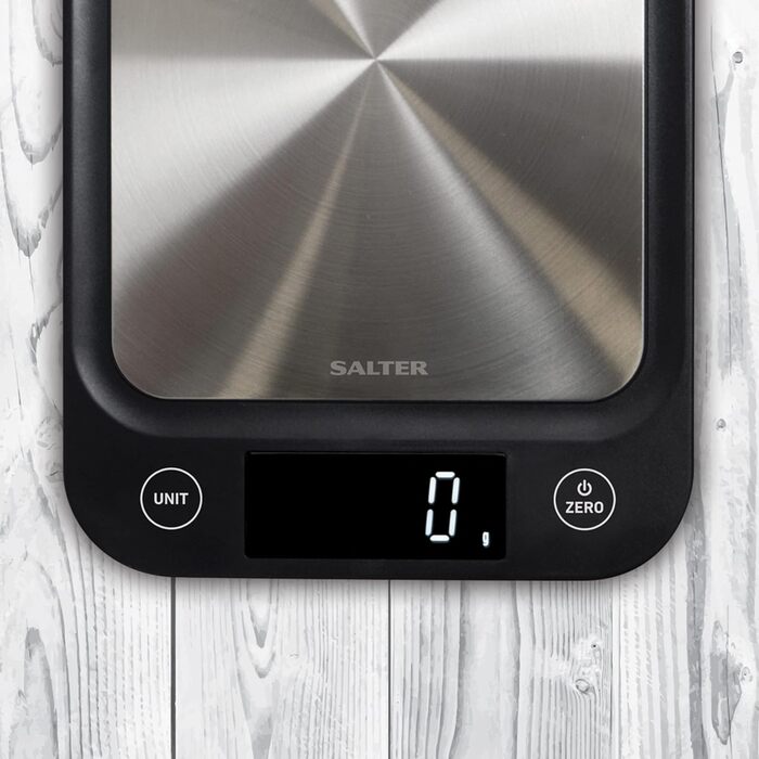 Кухонні ваги Salter 1068 SSBKDR: цифрові, нержавіюча сталь, 5 кг, з функцією тарування, вимірювання рідин (мл/fl. oz), LCD-дисплей, чорний, стильний дизайн, легко миються
