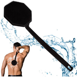 Силіконовий скребок для тіла під душ з довгим руків'ям, двостороння дзеркальна щітка для душу для скрабу та масажу, створює багато піни, скребок для спини з довгим руків'ям для чоловіків (Елегантний чорний)
