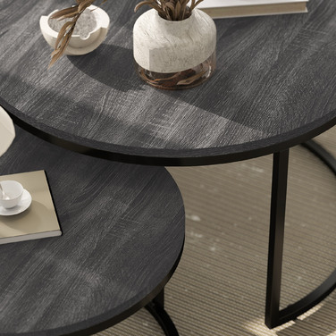 HOMCOM Round Coffee Table 2-Piece Set Stackable Side Table with Metal Frame, Living Room Table with Wood-Look Finish, Coffee Table for Living Room Bedroom Black | Aosom