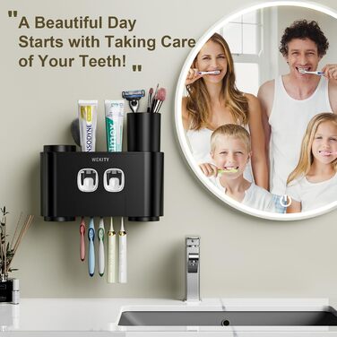 WREWING Toothbrush Holder, multifunctional, wall-mounted, automatic toothpaste dispenser & dust-proof toothbrush holder with 5 brush slots, 4 cups, 2 automatic toothpaste dispensers, 1