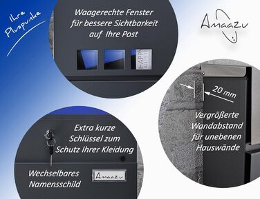 Поштовий ящик антрацит з нержавіючої сталі, з вікном та табличкою для імені, відділення для газет, замок з 2 ключами, настінний поштовий ящик RAL 7016, великий розмір