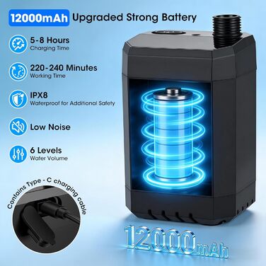 Портативний душ для кемпінгу з підігрівом та LED-підсвіткою, 12000mAh, IPX8, 6 режимів напору води, смарт-дисплей, фільтр, 2м шланг, складний бак для води