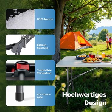 Складний кемпінговий стіл Wiltec 122x60x75 см з ручкою для перенесення - для пікніка, саду, вечірок