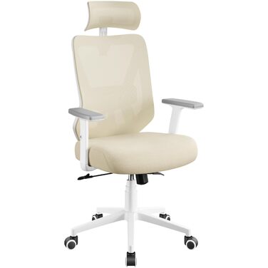 Офісне крісло Yaheetech з регульованою підголівником та підтримкою попереку, дихаюча сітчаста спинка, широке сидіння, S-подібна спинка, поворотне на 360°, бежеве