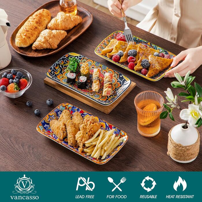 Vancasso Serving Plates, Porcelain, SIMI Rectangular Plate Set, 6-Piece Bohemian Dinner Plates, Dessert Plates for 6 People, 24.7 x 14.2 x H 3.1cm