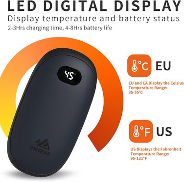Електричний грієчка для рук Unigear 5200mAh з Powerbank, USB, 35-55°C, цифровий дисплей, для активного відпочинку, чорний