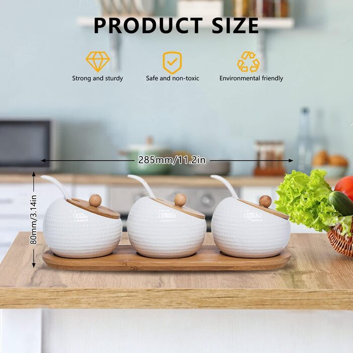 Набір керамічних баночок для спецій, 3 шт. з бамбуковими кришками, ложками та підставкою. Об'єм 170 мл. Підходять для кави, цукру, солі та спецій.