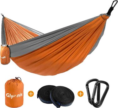 Гімніс Гамак для відпочинку на відкритому повітрі Ultraleicht, 275x140 см, з мотузками та карабінами, 300 кг, Оранжевий - Сірий