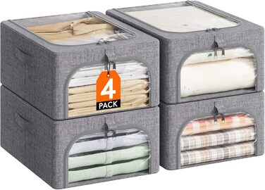 Lifewit 4-Pack Clothes Storage Containers with Metal Frame, Foldable Storage Box with Lid, 25L Stackable Storage Bags Fabric Containers Organizer with Clear Window, Sturdy Handles