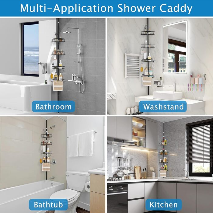 SWOYYU Telescopic Shower Shelf No Drilling Corner Shelf Metal Corner Shelf Bathroom Shelf Adjustable Height with 4 Baskets for Bathtub and Bathroom Rustproof 85-325CM Black