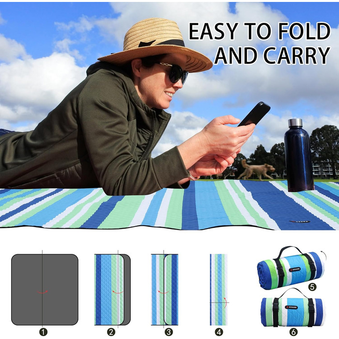 Великий плед для пікніка HX&OD, 203x152 см, водонепроникний, 3-шаровий, для кемпінгу, подорожей, парку, синій