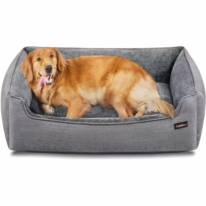 Feandrea Dog Bed, Linen-Look Dog Cushion, Dog Basket, Raised Edges, Non-Slip Bottom, Removable and Washable Cover, XL, for Large Dogs, 110 x 75 x 27 cm, Light Grey PGW12GG