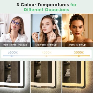 Дзеркало для ванної кімнати S'bagno з підсвічуванням 100x70 см, LED, з пам'яттю, антизапар, 3000K/4000K/6500K, регулювання яскравості, HD загартоване скло, IP44, Bluetooth (M55), горизонтальне/вертикальне