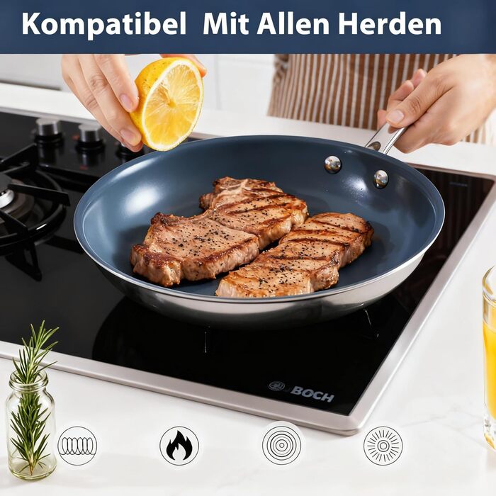 Сковорода з нержавіючої сталі з антипригарним покриттям Creamic, 20 см, без PFOA, PTFE та PFAS, для здорового харчування, сумісна з індукцією, електрикою та газом