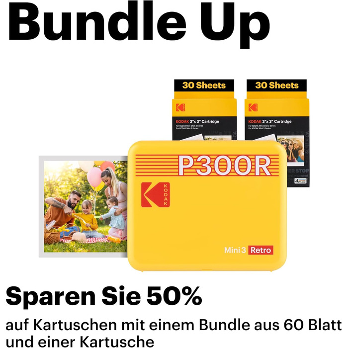 Фотопринтер KODAK Mini 3 Retro: портативний друк 7,6x7,6 см + 68 аркушів, чорний