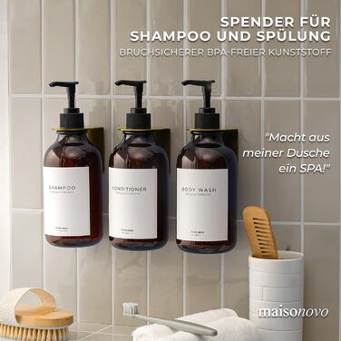 Шампунь MaisoNovo: набір з 3 пляшок для наповнення (500 мл) з дозатором, колір - бурштиновий, чорний насос