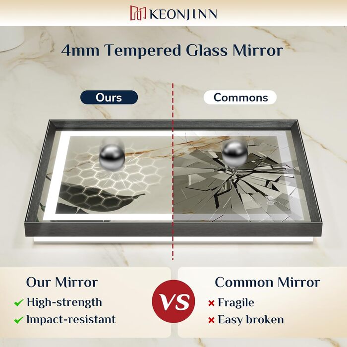 Дзеркало для ванної кімнати Keonjinn з підсвічуванням, чорний металевий каркас 60x80 см, антизапітніння, LED, сенсорне управління, 3 кольори світла, регулювання яскравості, функція пам'яті, настінне дзеркало