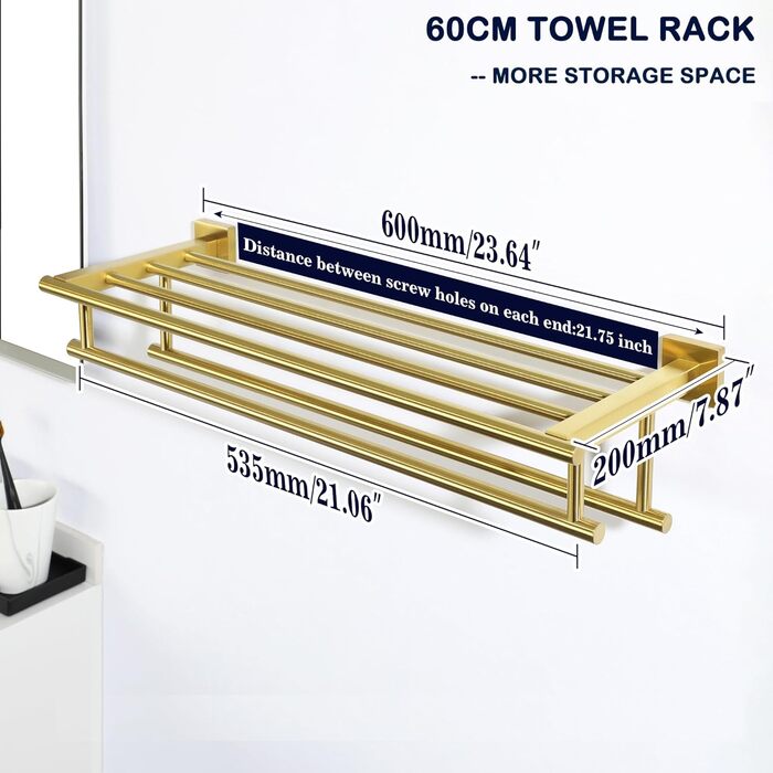 Тримач для рушників SAYAYO на стіну, з полицею, з нержавіючої сталі, 60 см (золотий)