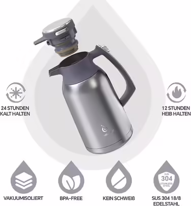 IDEUS Coffee Pot, Double-Walled Vacuum Insulation Insulated Carafe, 2 Liter, Stainless Steel, Thermos Keeps Drinks Hot for 12 Hours, Pot for 15-20 Cups, Silver