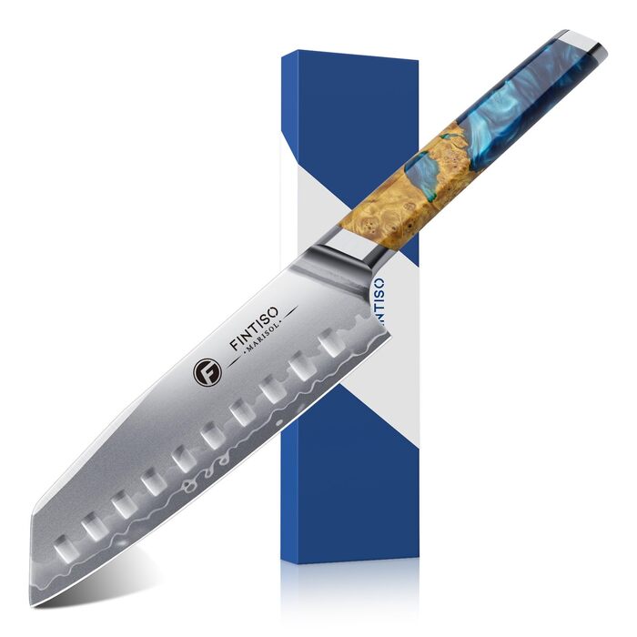 Японський кухонний ніж FINTISO Santoku 20 см, сталь S35VN, 7 шарів, ручка з дерев'яної смоли - ідеальний подарунок
