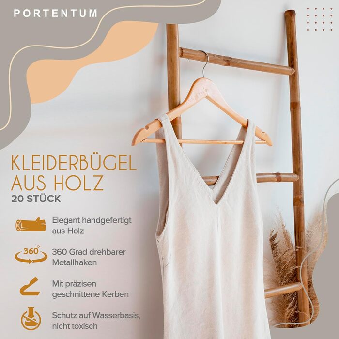 Плечики для одягу Portentum Holz, 10 шт., натуральні кольори - 360° обертання гачка, виступи для спідниць та блузок, нековзний тримач для штанів, підходять для костюмів, сорочок, курток (20 шт.)