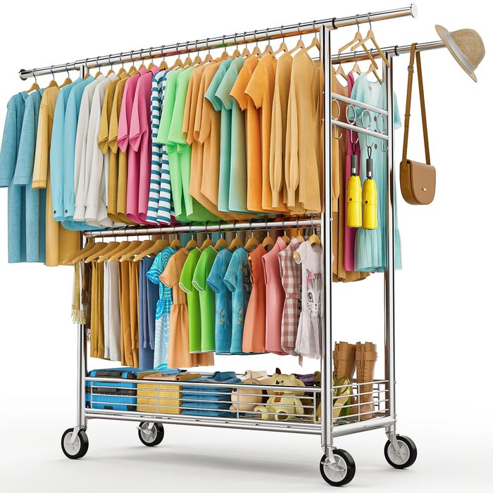 Вішалка для одягу Bomclap з міцним навантаженням, хромована, з колесами, висувна, 3 перекладини, 8 гачків, металева полиця, до 160 кг