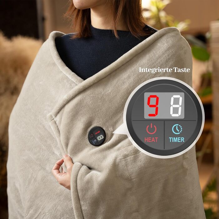 Електрична ковдра GOTCOZY 130x180 см з 10 режимами нагріву та таймером, що вимикається, пральна, бежева