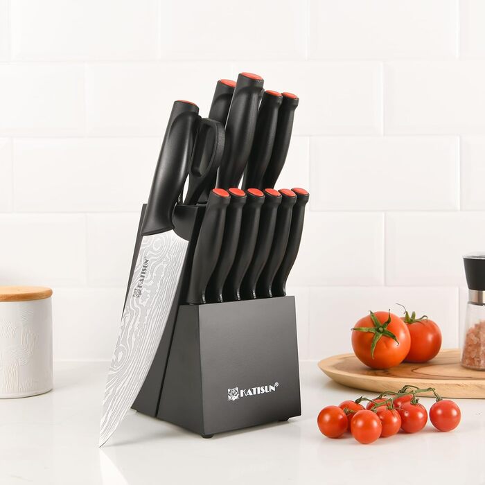 KATISUN 16-Piece Japanese Steel Knife Set with Block - Includes Sharpener, Cutting Board & Kitchen Shears