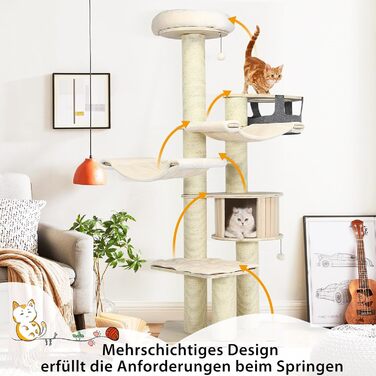 Дерев'яний кігтеточки для котів Costway 7-ярусний, 197 см з гамаком, будиночком та кошиком, товщина стовпів 15 см, бежевий