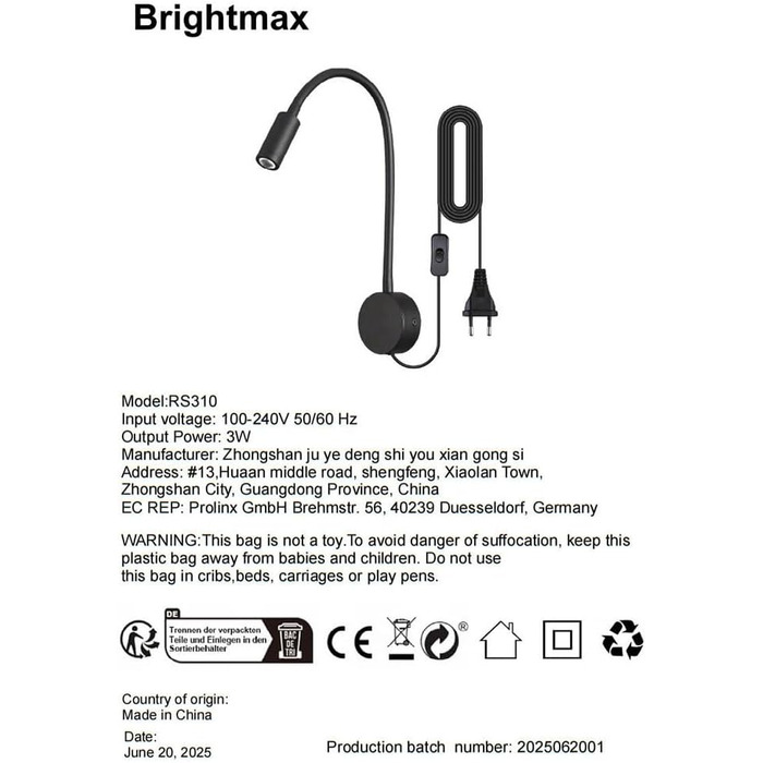 Настінний світлодіодний світильник для читання 3W теплий білий 3000K чорний з вимикачем на шнурі