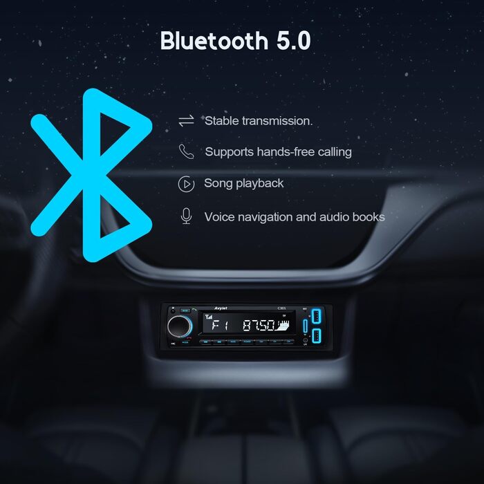 Автомагнітола Bluetooth 5.0 Avylet, 1 DIN, FM, 2 USB, AUX, MP3, 7 кольорів, підтримка карт пам'яті, гучний зв'язок