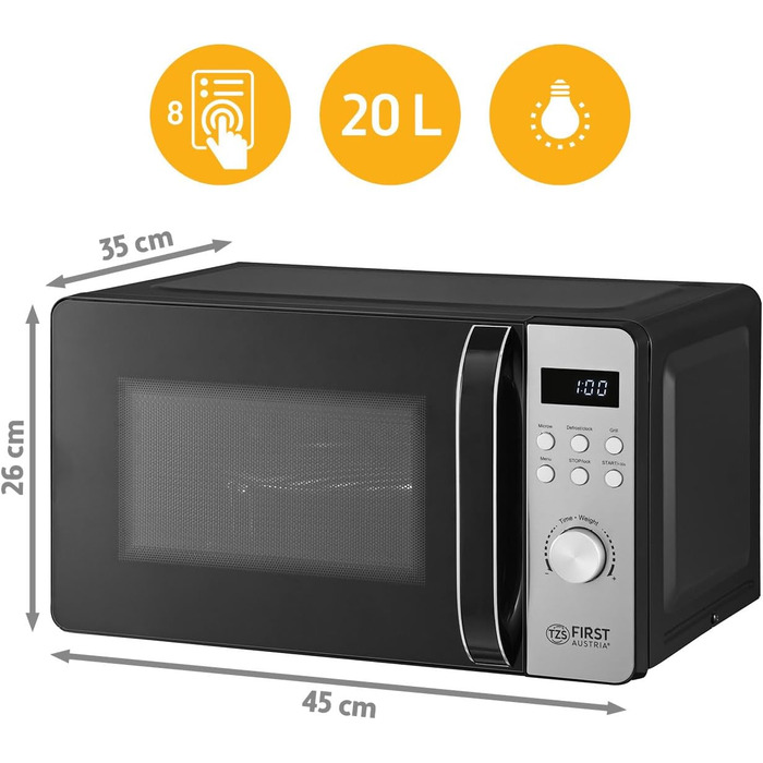 Мікрохвильова піч з грилем TZS First Austria 20L - 2-в-1, 700/800W, 8 програм, LED-дисплей, нержавіюча сталь, захист від дітей, чорний