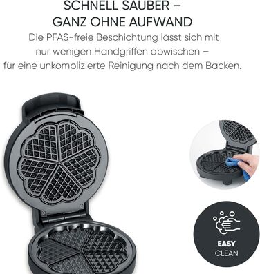 Severin Black Line Heart Waffle Maker - PFAS-Free Coating, Indicator Light, Cord Storage, 1000W - WA 2117