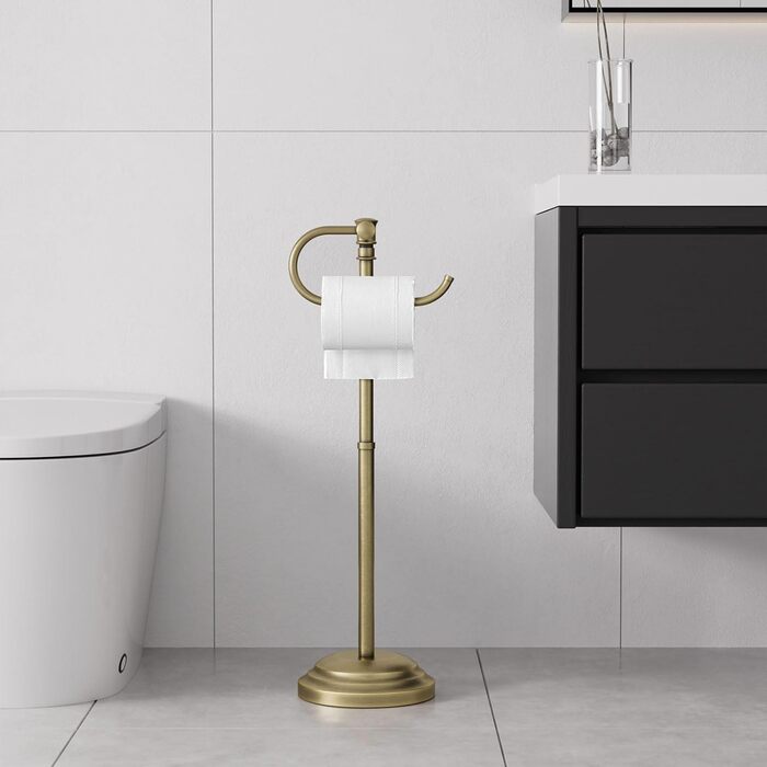 Тримач туалетного паперу на підлогу RUMOSE, античне латунь, регульований (31,5-57,9 см), з полицею для зберігання, нержавіюча сталь