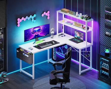 Ігровий стіл Coleshome L-подібної форми з LED-підсвічуванням та розетками, 135 × 100 см. Реверсивний кутовий стіл з полицями для зберігання, з сумкою для дому та ігор. (110×80 см, Білий)