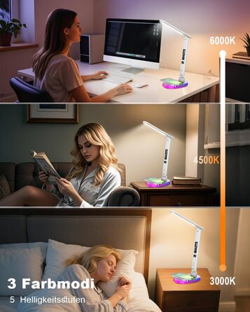 Настільна лампа CCHKFEI з регулюванням, годинником, LED-дисплеєм, бездротовим зарядним пристроєм 10W та USB-портом, 3 режими кольору, датчиком температури та RGB-підсвічуванням для читання, дому та офісу