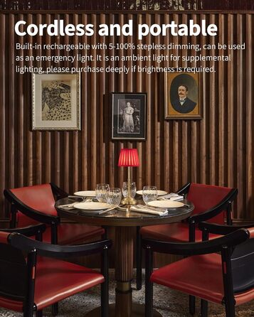 LED Настільна лампа бездротова, димована вінтажна приліжкова лампа, ретро акумуляторна настільна лампа 4000mAh, для дому, бару, вітальні (Золото + Червоний абажур, 2 шт)