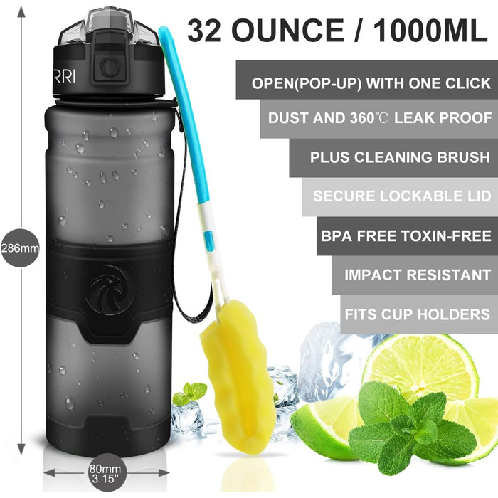 ZORRI Sport Water Bottle for Kids, 500 ml/700 ml/1000 ml, BPA-free, eco-friendly Tritan plastic, reusable water bottles with filter, Grey-1000ml, 1000ml-32oz