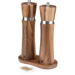 Navaris Salt and Pepper Grinder Set - Spice Grinder Dispenser for Spices - Salt and Pepper Shakers made of Wood - with Tray - for Grinding - Refillable
