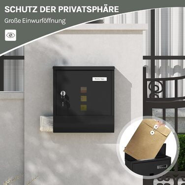 Поштовий ящик WOLTU з газетницею, оглядовим вікном та табличкою для імені, настінний, замиканий (2 ключі), сучасний дизайн, чорний (30,5x33,5x9 см)