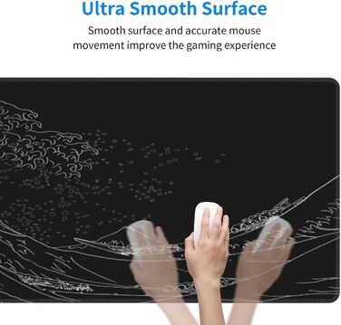 Ігровий килимок для миші Japanisches Gaming-Mauspad, 80 x 30 см, чорний, з гумовою основою, водонепроникний, з прошитими краями, для геймінгу, офісу, дому (Чорна хвиля)